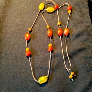 Beaded Long Rope Fall Necklace 17 1/2” Length Orange/Gold/Green/Brown Beads